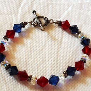 Patriotic Red White Blue Crystal Bead Bracelet Sterling Silver Toggle Clasp